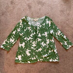 Jones New York Flyaway Hem Sweater Green/White Foliage Leaf Print XL
